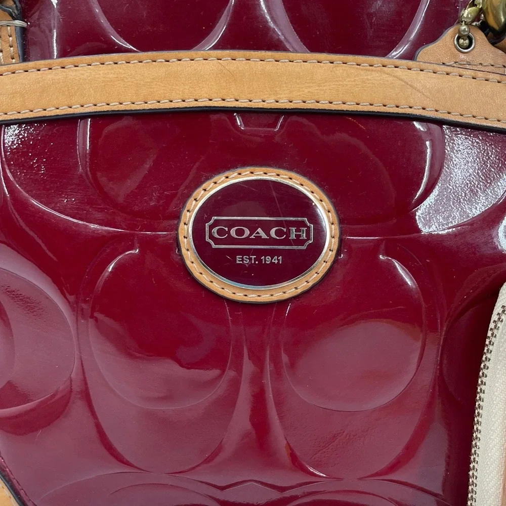 Coach Satchel Bag Women Medium Red Patent Leather Signature C Set Wallet Vintage